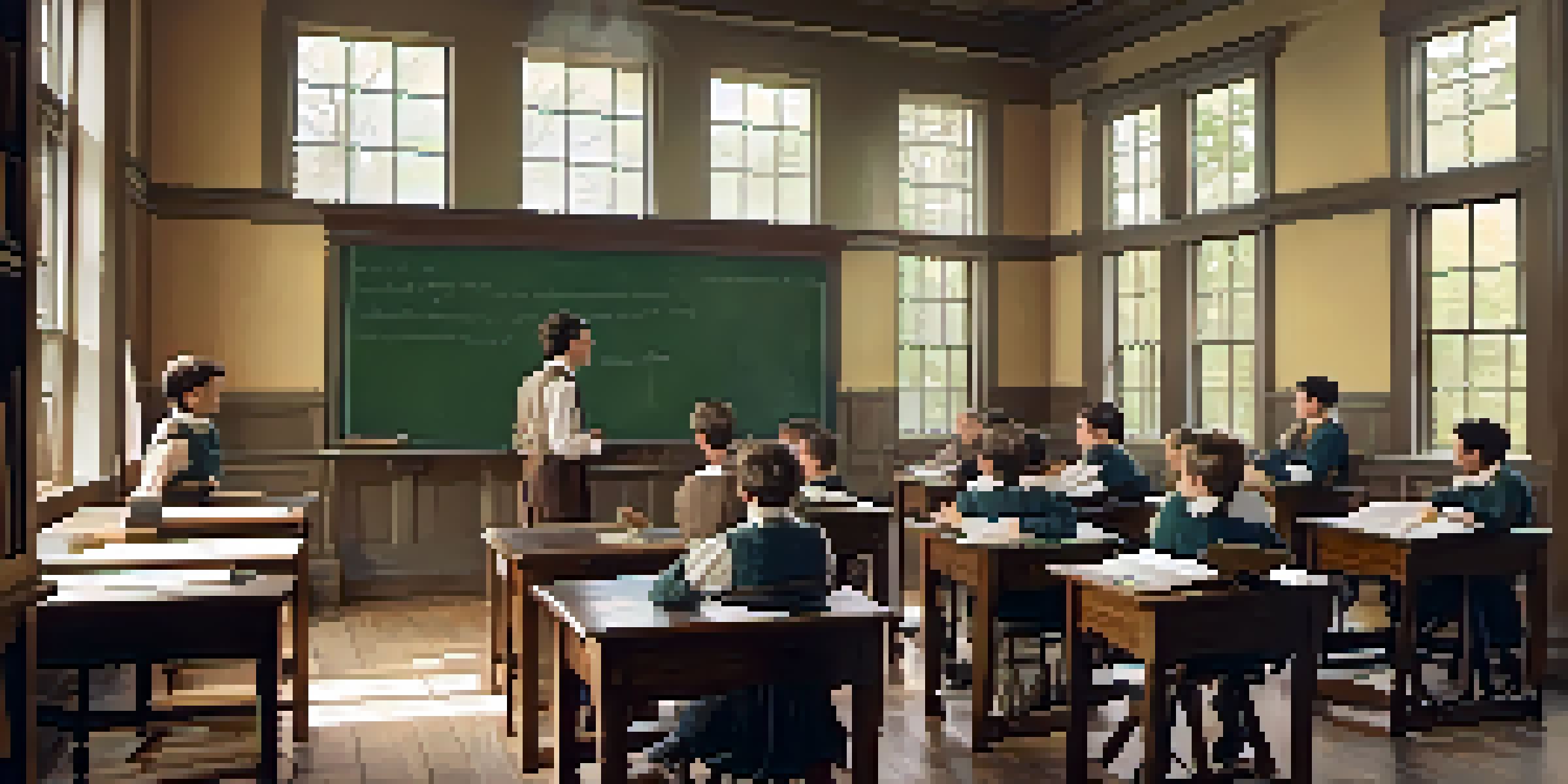 A historic classroom from the early 1800s in Tennessee, with wooden desks, a chalkboard, and a teacher instructing male students, illuminated by natural light.