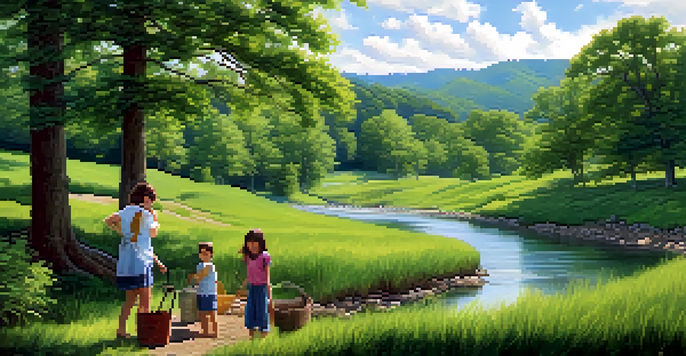 A picturesque view of Tennessee's landscape with green hills and a flowing river, featuring a family planting trees.