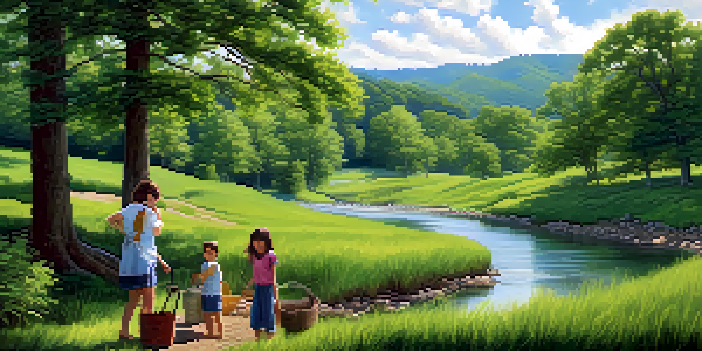 A picturesque view of Tennessee's landscape with green hills and a flowing river, featuring a family planting trees.