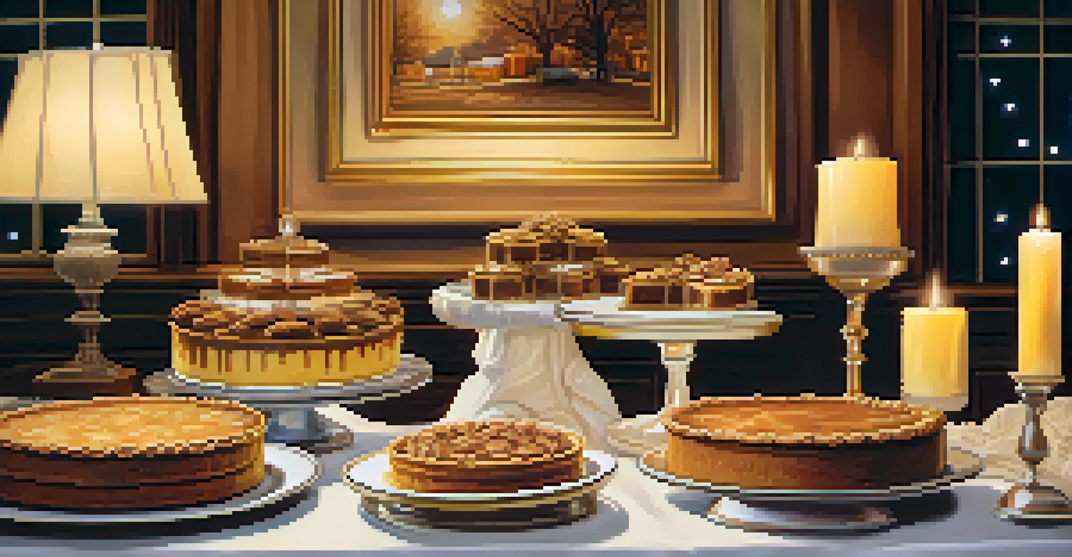 A dessert table showcasing a pecan pie and banana pudding, illuminated by soft candlelight.