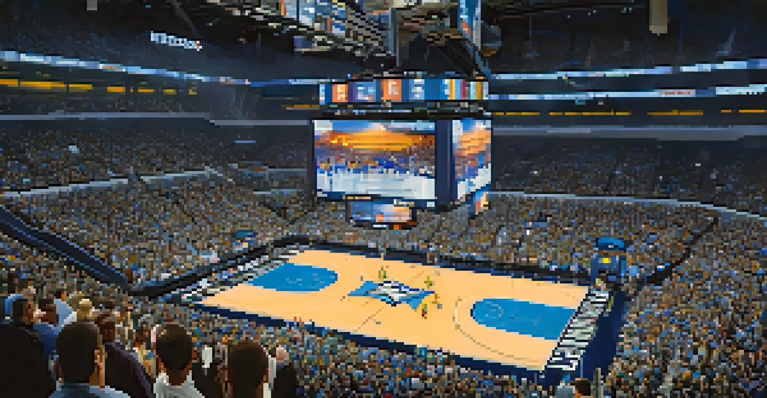 Interior view of FedExForum filled with cheering fans during a basketball game, with colorful artwork on the walls.