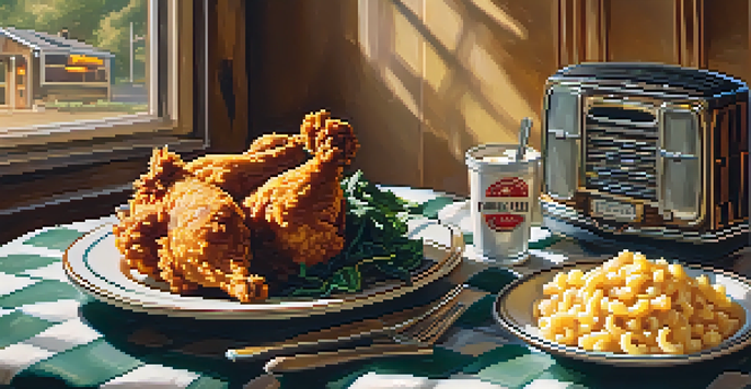 A cozy Southern diner table with fried chicken, macaroni and cheese, and collard greens, illuminated by soft sunlight.