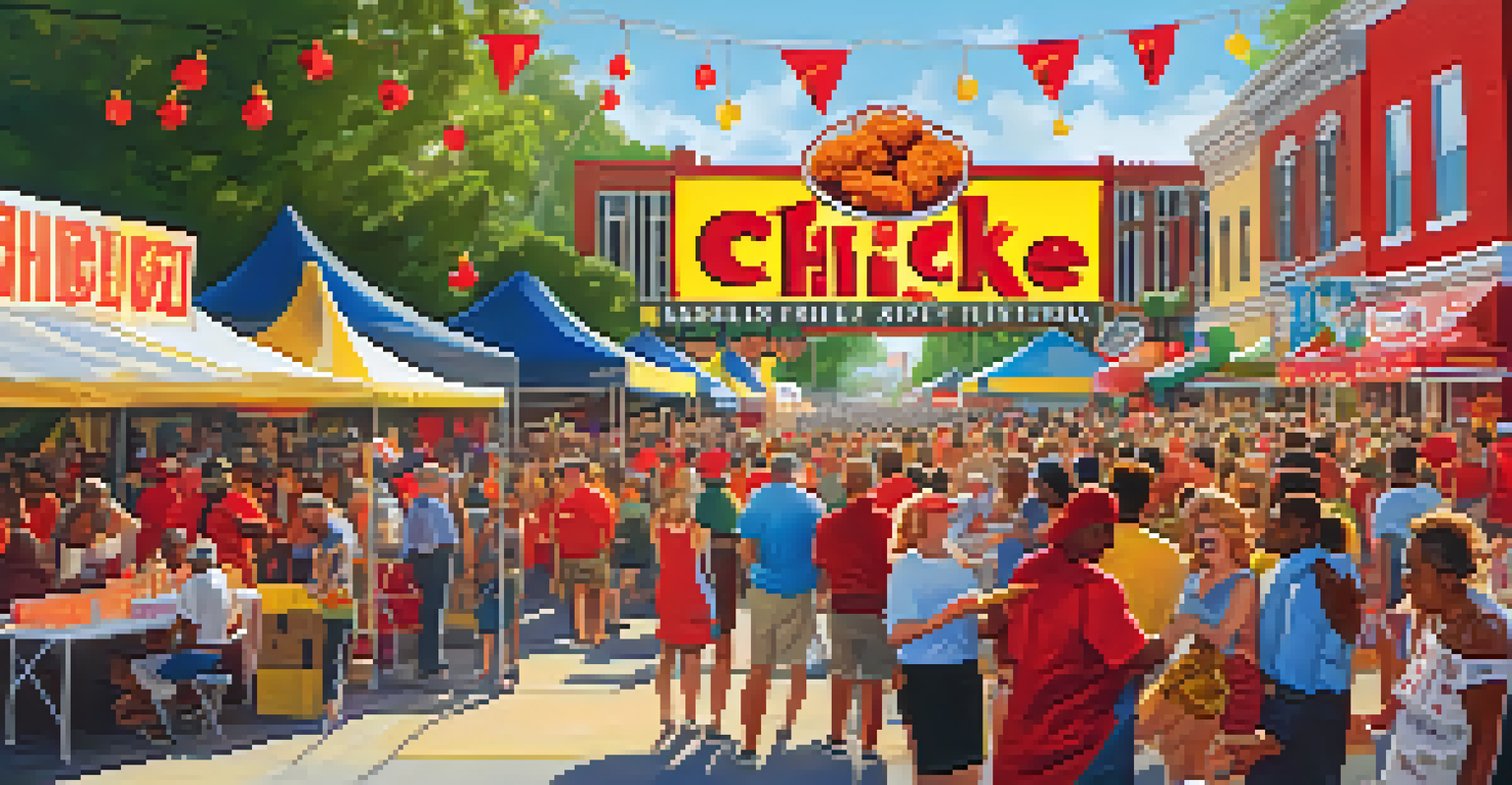 People enjoying spicy fried chicken at the Nashville Hot Chicken Festival with colorful decorations and live music.