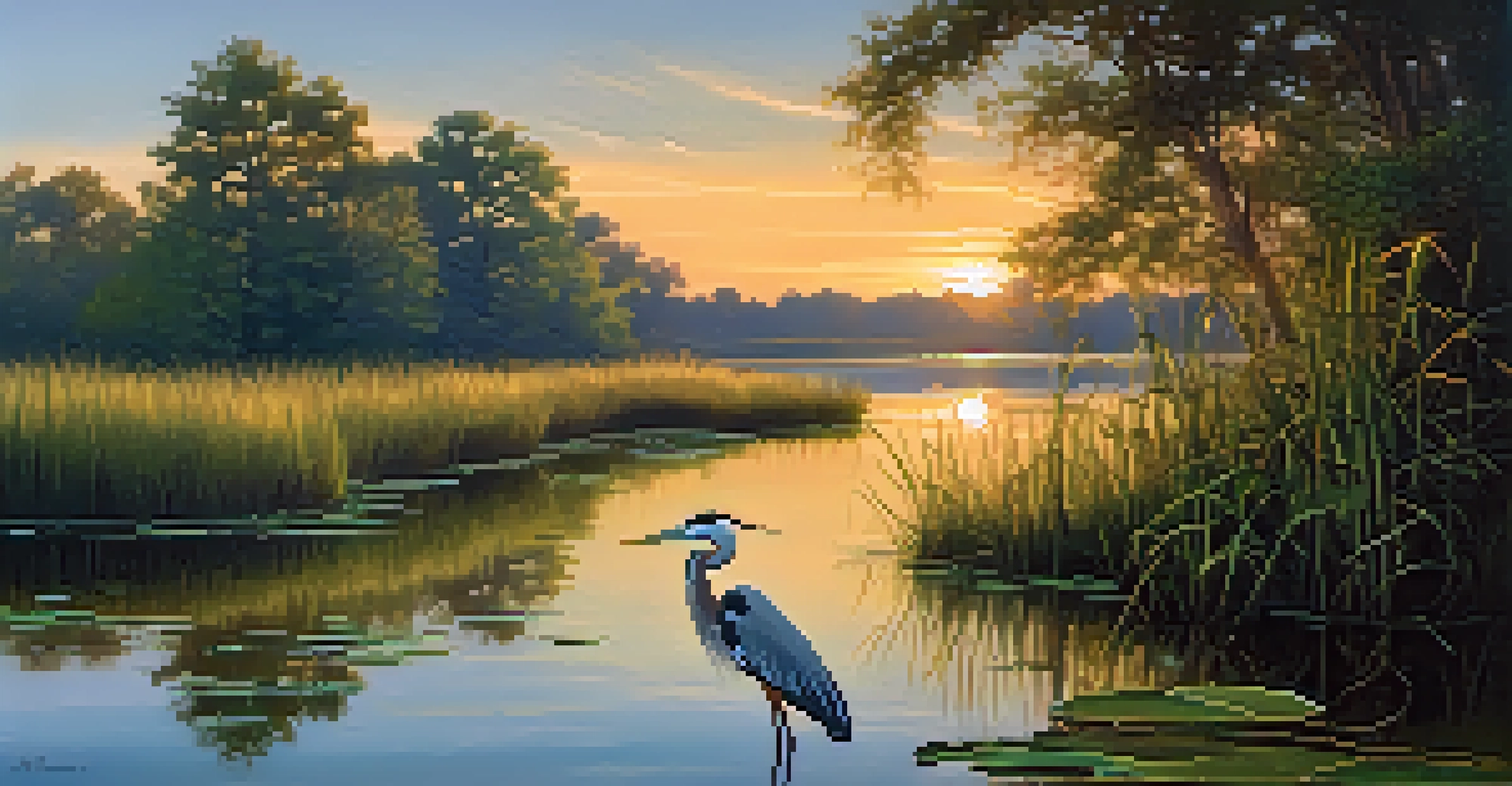 A tranquil wetland scene in a Tennessee state park during sunset, featuring a heron by a calm pond.
