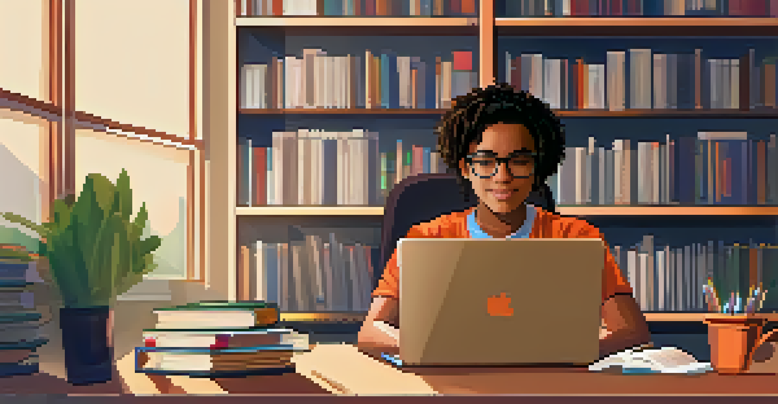A student studying online at home, sitting at a desk with a laptop and textbooks, in a cozy and well-lit environment.