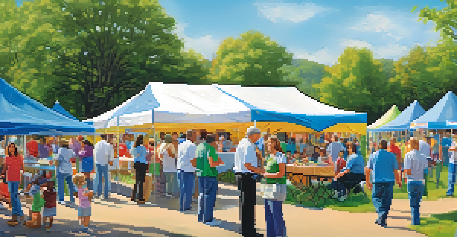 A community health fair in rural Tennessee with healthcare booths, families, and colorful tents under a blue sky.