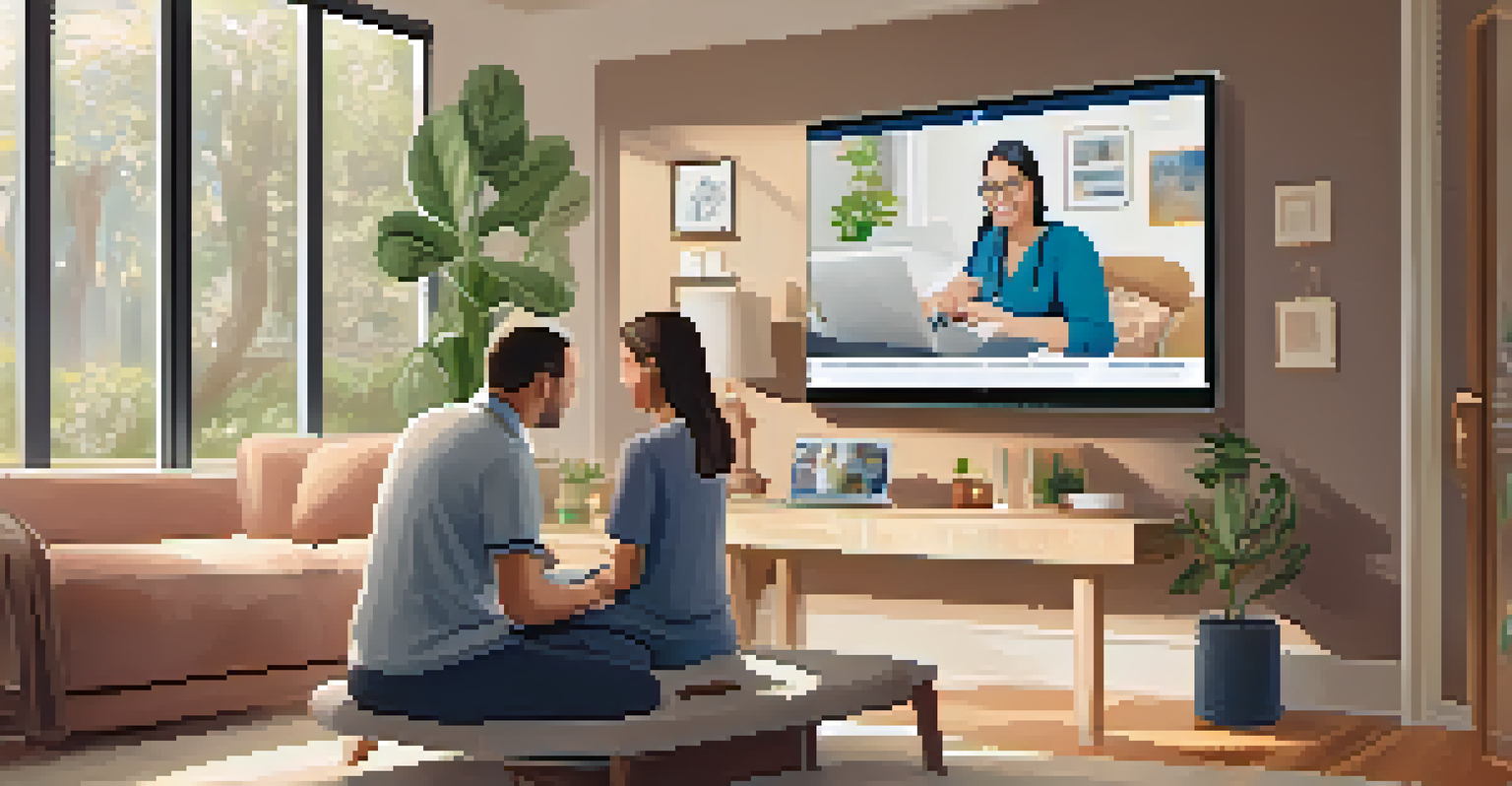 A person having a telemedicine consultation in a cozy living room with a laptop.