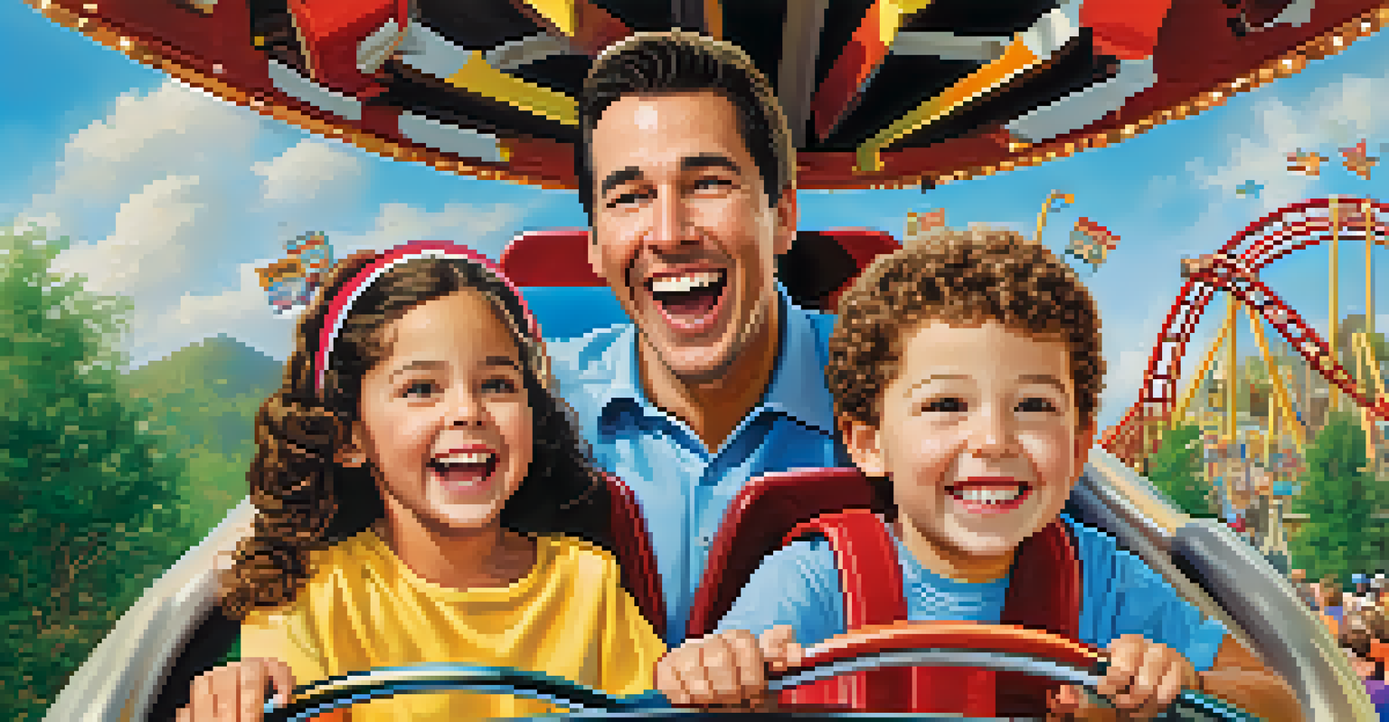 A family enjoying a roller coaster ride at Dollywood Theme Park, with bright colors and a clear blue sky in the background.