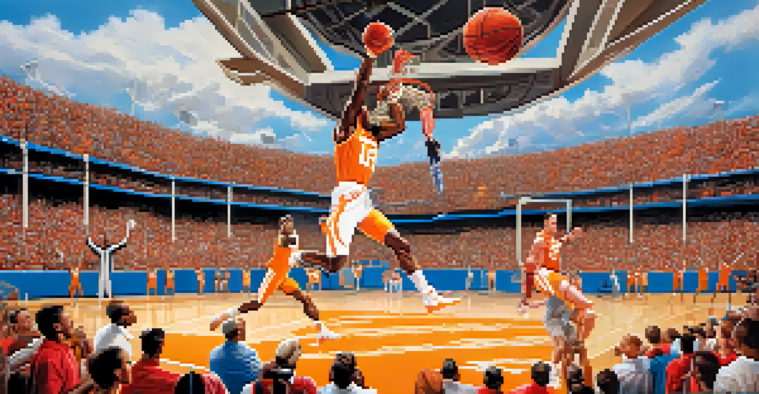 Dominique Wilkins dunking a basketball and Peyton Manning throwing a football, showcasing Tennessee's sports legends.