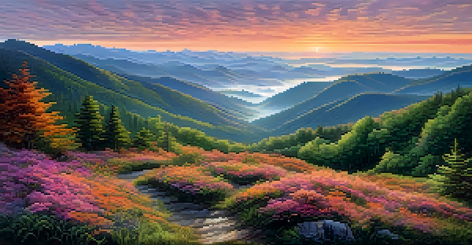A breathtaking sunrise over the Great Smoky Mountains, with mist in the valleys and colorful sky.