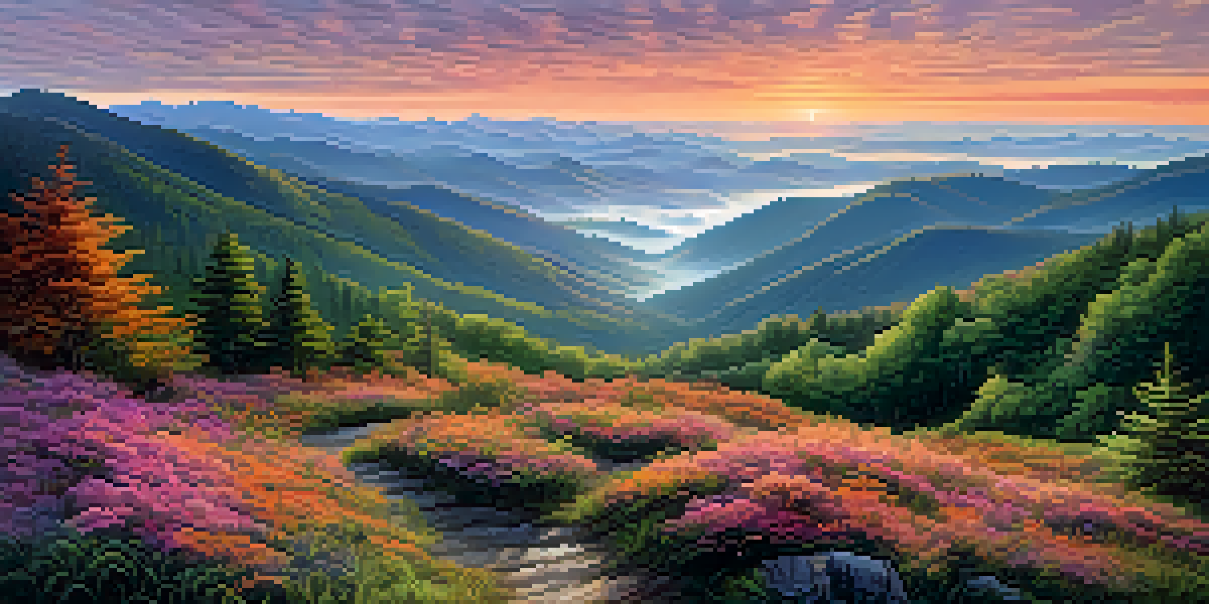 A breathtaking sunrise over the Great Smoky Mountains, with mist in the valleys and colorful sky.