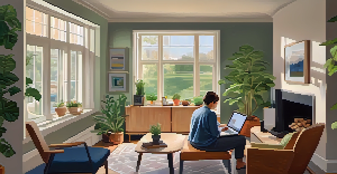 A person sitting in a cozy living room, engaged in a telehealth appointment on a laptop, with natural light and comfortable decor.