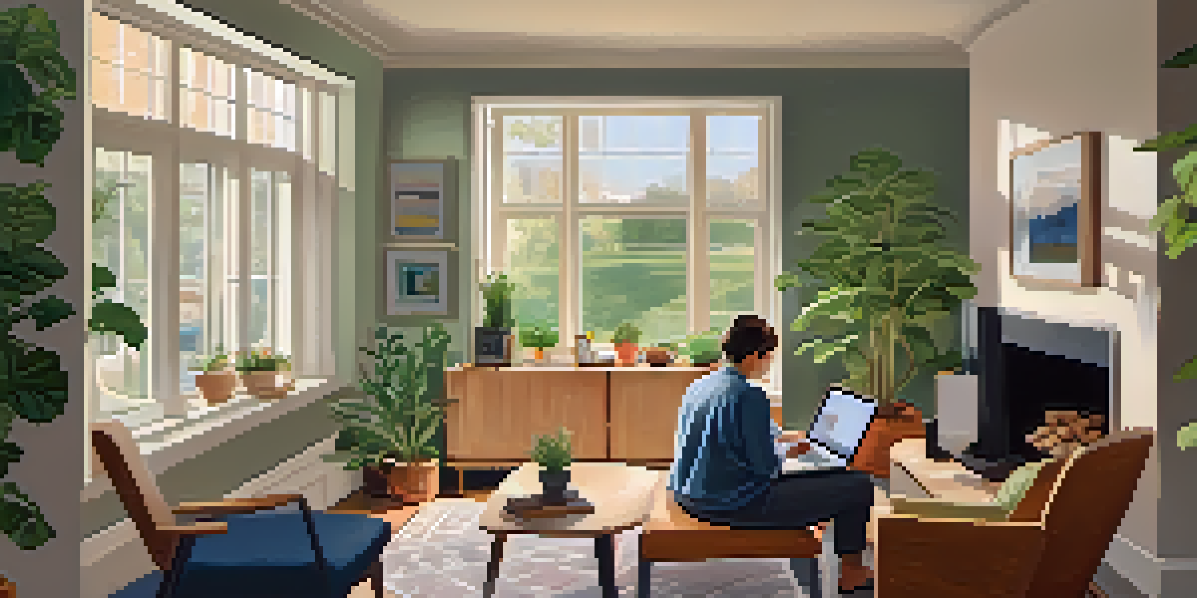 A person sitting in a cozy living room, engaged in a telehealth appointment on a laptop, with natural light and comfortable decor.