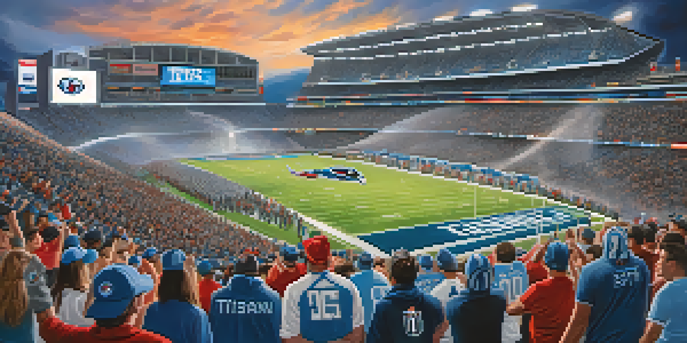 A bustling stadium filled with enthusiastic football fans cheering for the Tennessee Titans under a twilight sky.