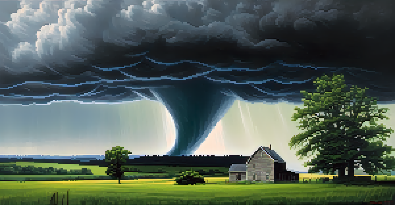 A dramatic scene of a tornado in rural Tennessee, with dark clouds and a farmhouse in the background.
