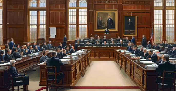 The interior of the Tennessee General Assembly with legislators discussing at their desks.