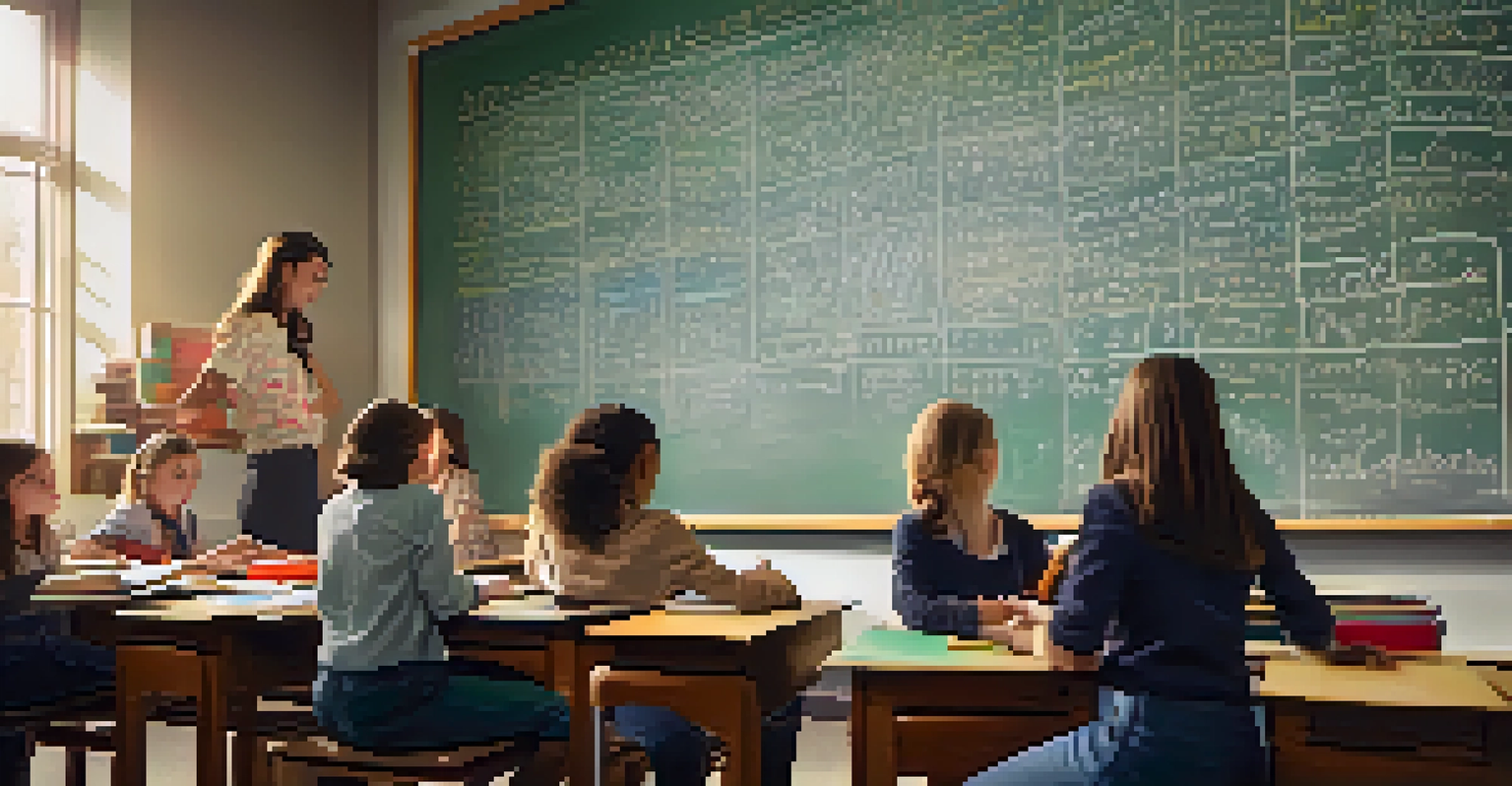 A teacher writing on a chalkboard filled with equations, with books on the desk and attentive students in the background.