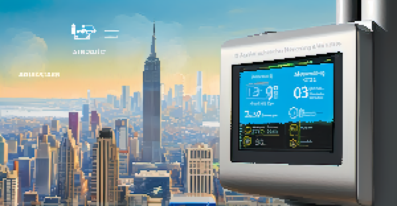 A close-up of an air quality monitoring device showing live data, set against a vibrant city skyline.