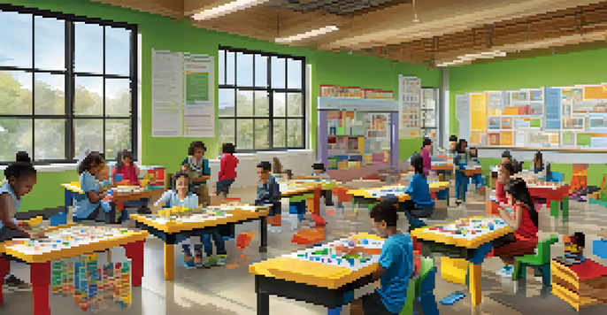 A lively classroom where diverse students are actively engaged in building a simple machine, with a teacher guiding them and educational posters on the walls.