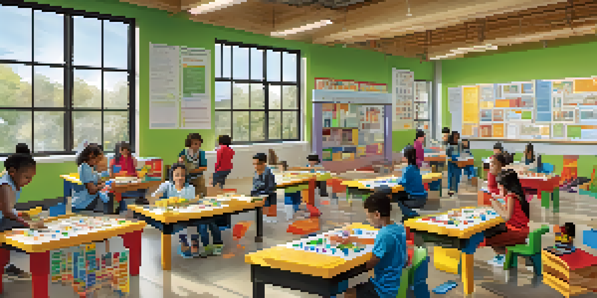 A lively classroom where diverse students are actively engaged in building a simple machine, with a teacher guiding them and educational posters on the walls.