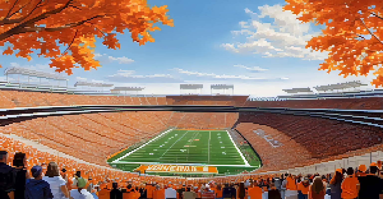Exterior view of Neyland Stadium filled with orange and white-clad fans, near the Tennessee River.