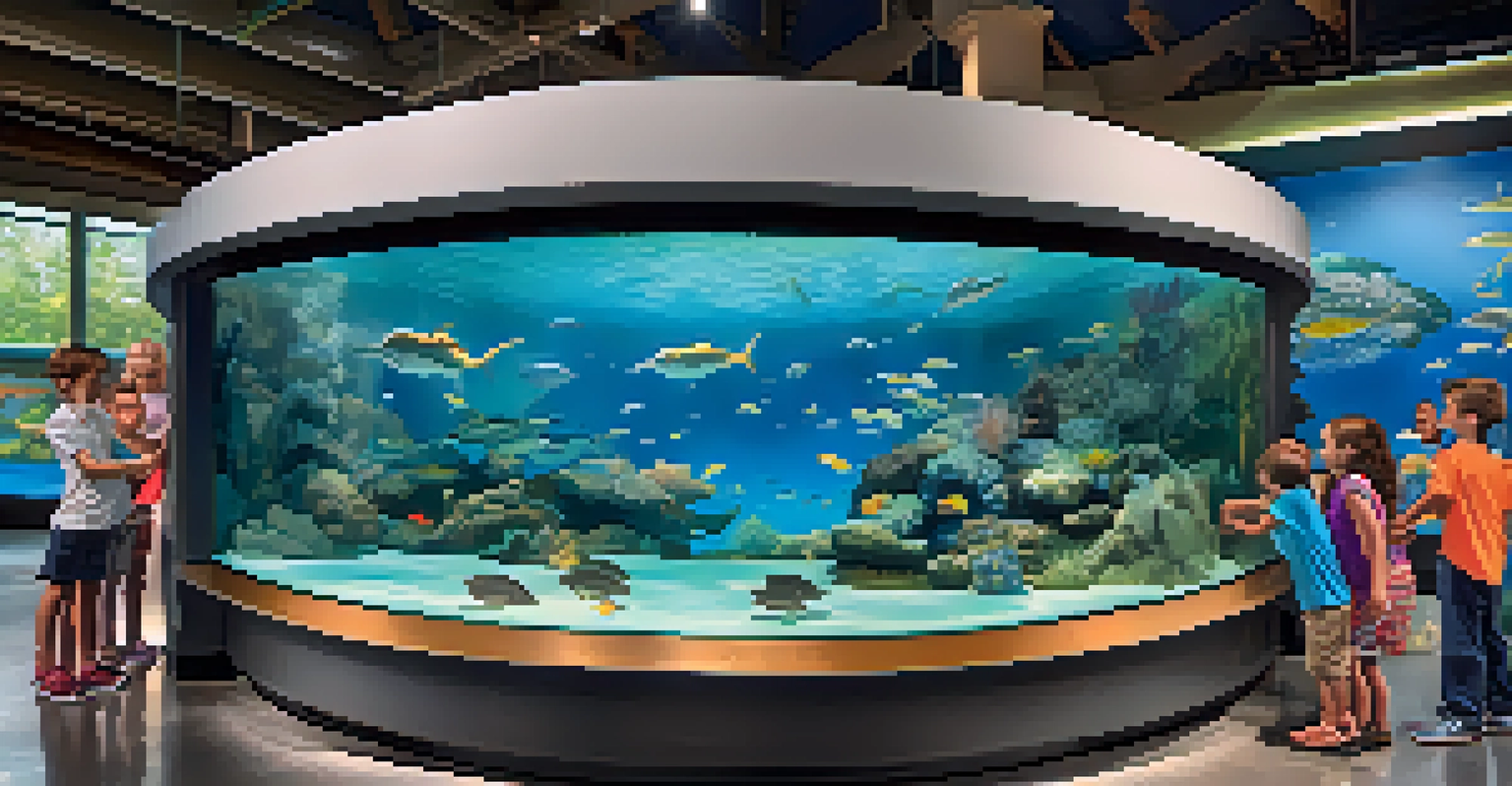 Children interacting with stingrays in a touch tank at the Tennessee Aquarium, surrounded by vibrant tropical fish.
