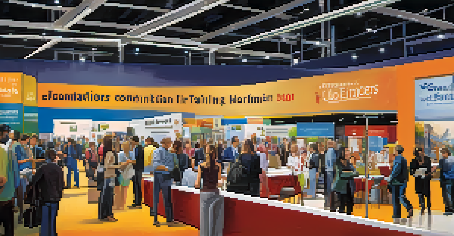 A lively job fair with attendees interacting with employers at various booths in a convention center, showcasing opportunities and community engagement.