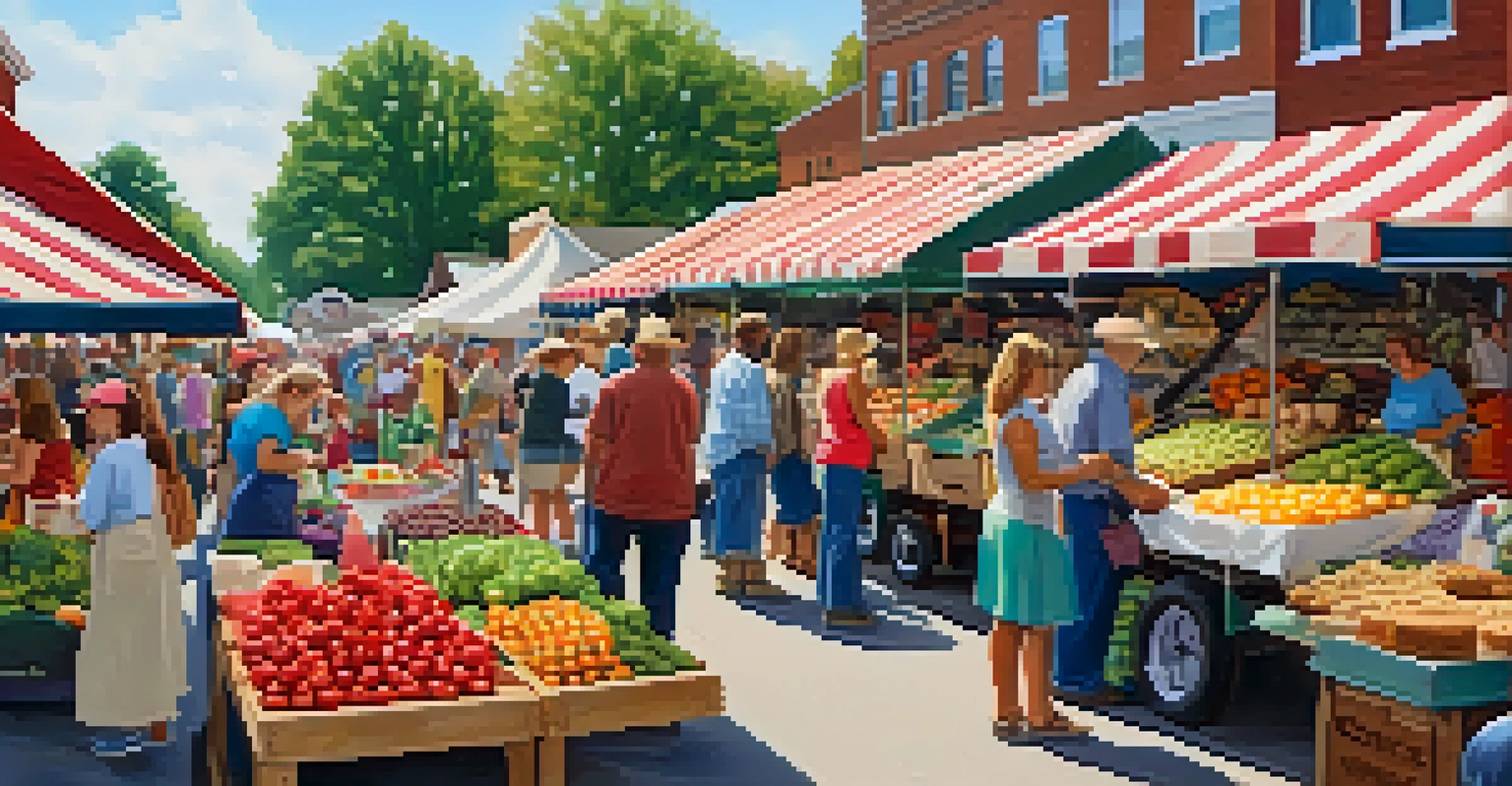 A lively farmers' market in Tennessee, filled with vendors, fresh produce, and people enjoying the day.