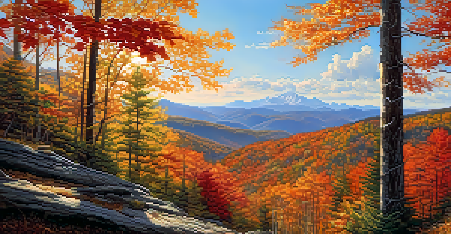 A scenic autumn landscape of the Appalachian Mountains with colorful trees and blue sky.