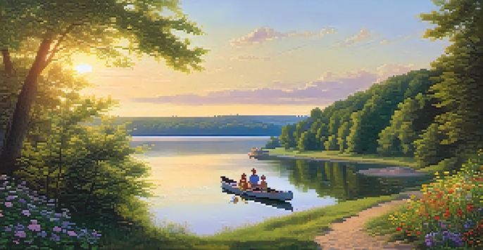 A peaceful scene of the Tennessee River with a sunset, wildflowers, and a family having a picnic.