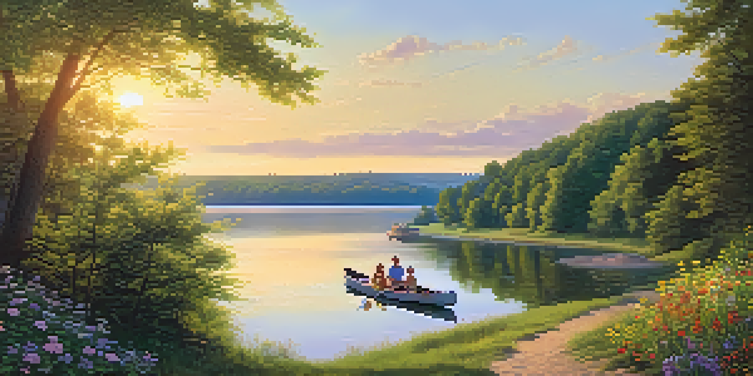 A peaceful scene of the Tennessee River with a sunset, wildflowers, and a family having a picnic.