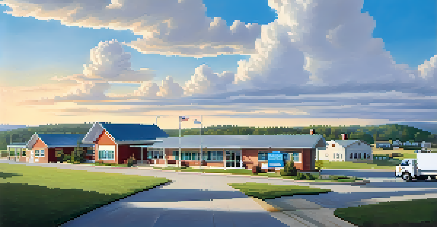 A rural Tennessee landscape with rolling hills and a small community clinic promoting accessible healthcare.