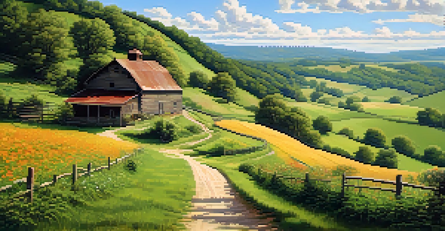 A peaceful rural landscape in Tennessee with rolling hills, a farmhouse, and a dirt road under a blue sky with clouds.