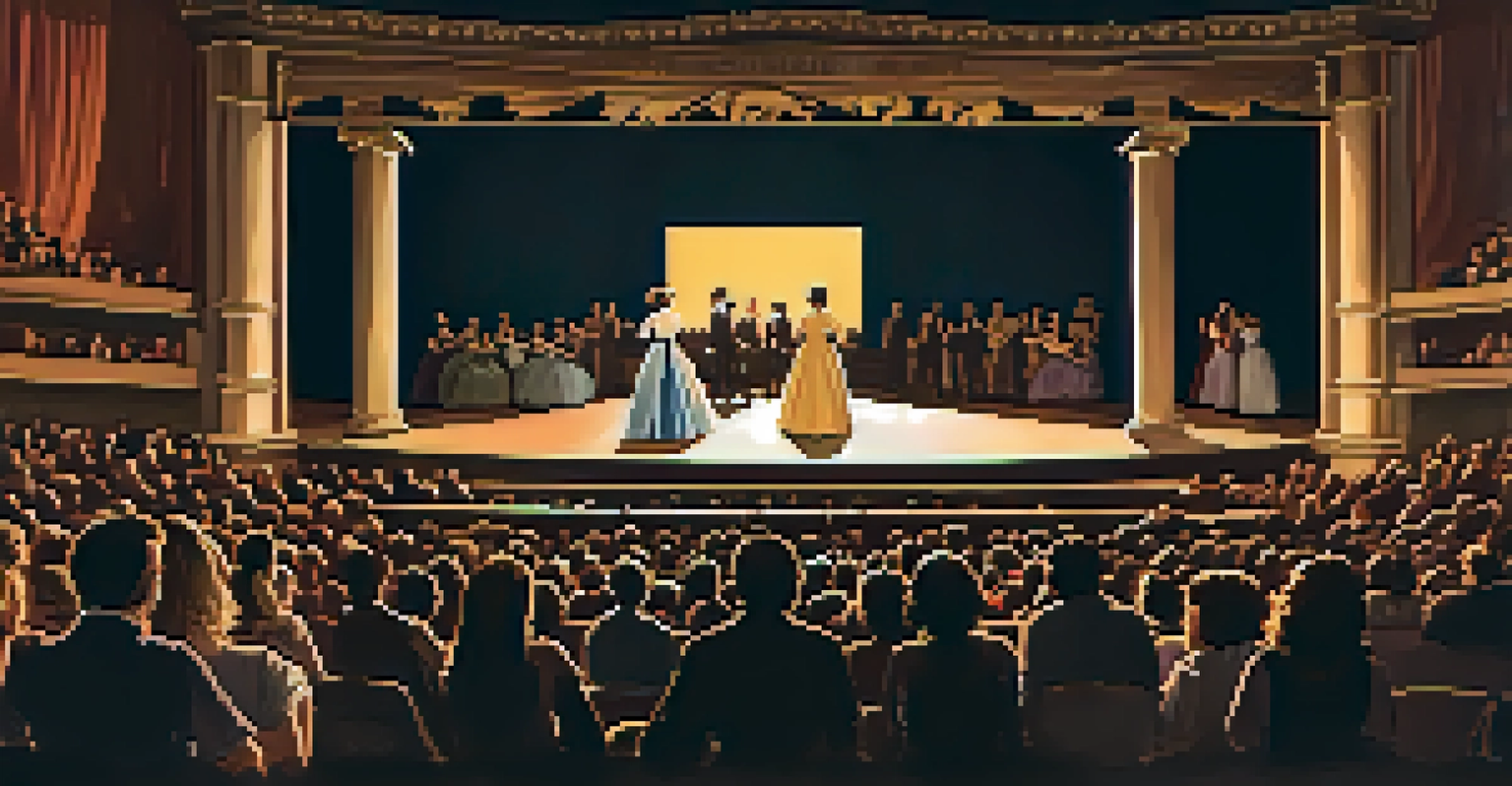 A theater scene depicting actors rehearsing on stage, with a Southern landscape backdrop and an engaged audience.