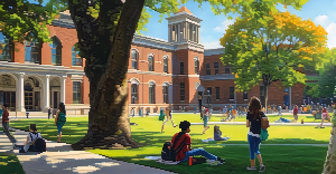 A lively university campus in Tennessee with students studying and walking, surrounded by green grass and blooming flowers.