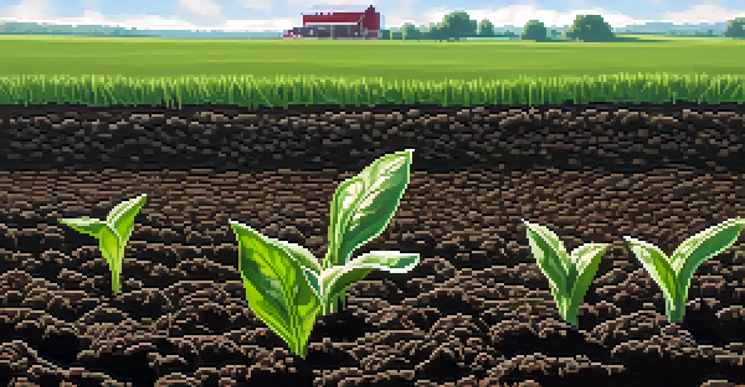 Close-up of fertile soil with seedlings in a Tennessee farm, with a farmhouse in the background.