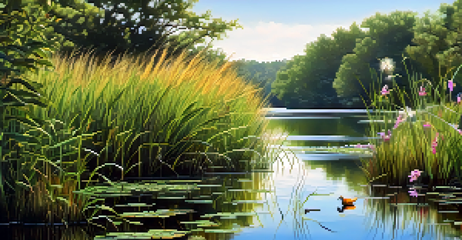A close-up view of a wetland ecosystem in Tennessee with plants, water reflections, and birds.