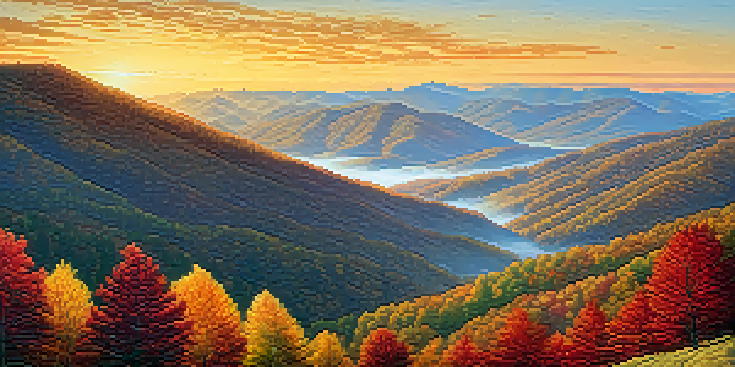 A scenic view of the Smoky Mountains in Tennessee during fall, featuring vibrant autumn leaves and a sunset.