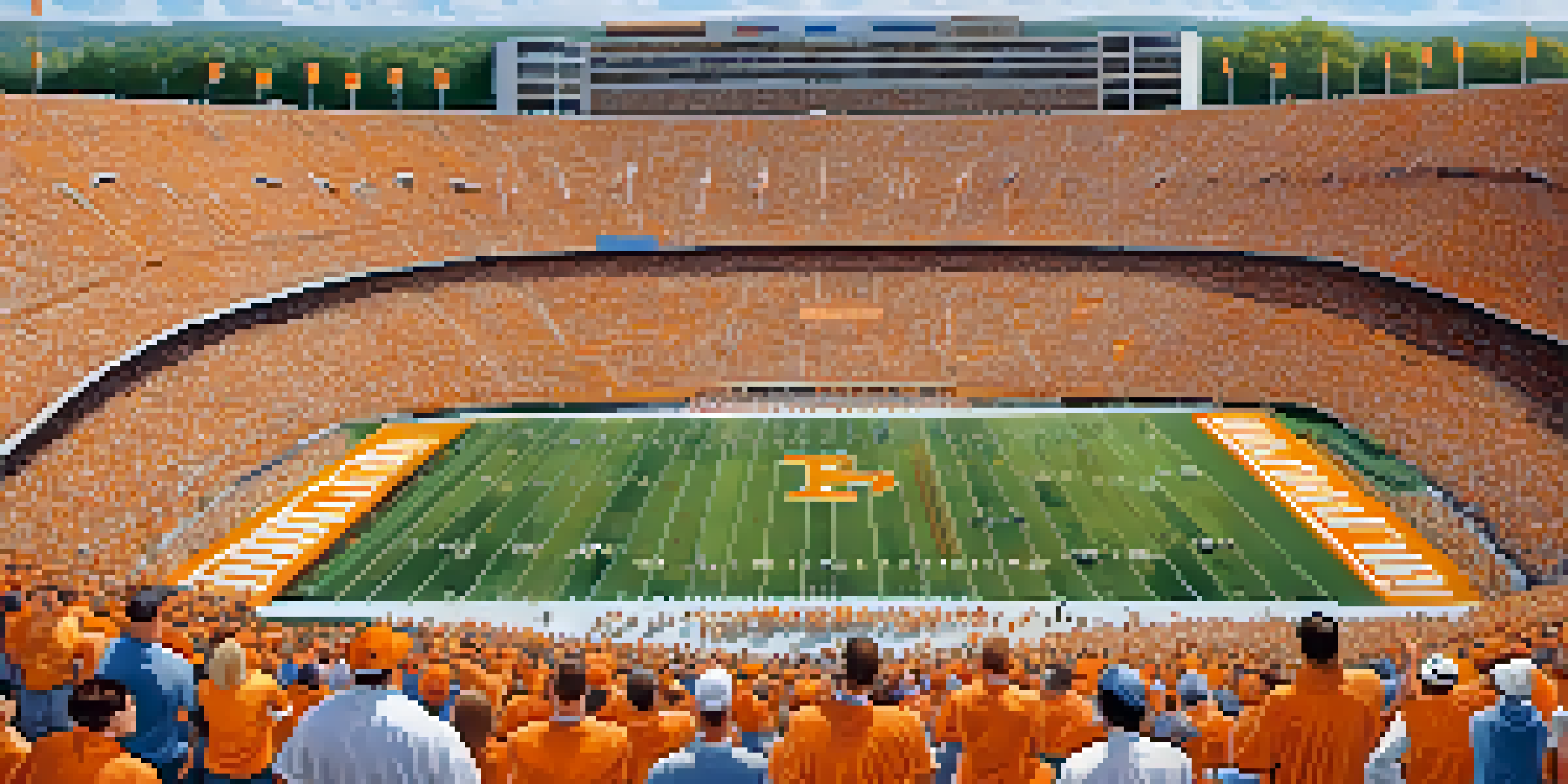 A packed Neyland Stadium filled with orange-clad fans cheering for their college football team, with players on the field.