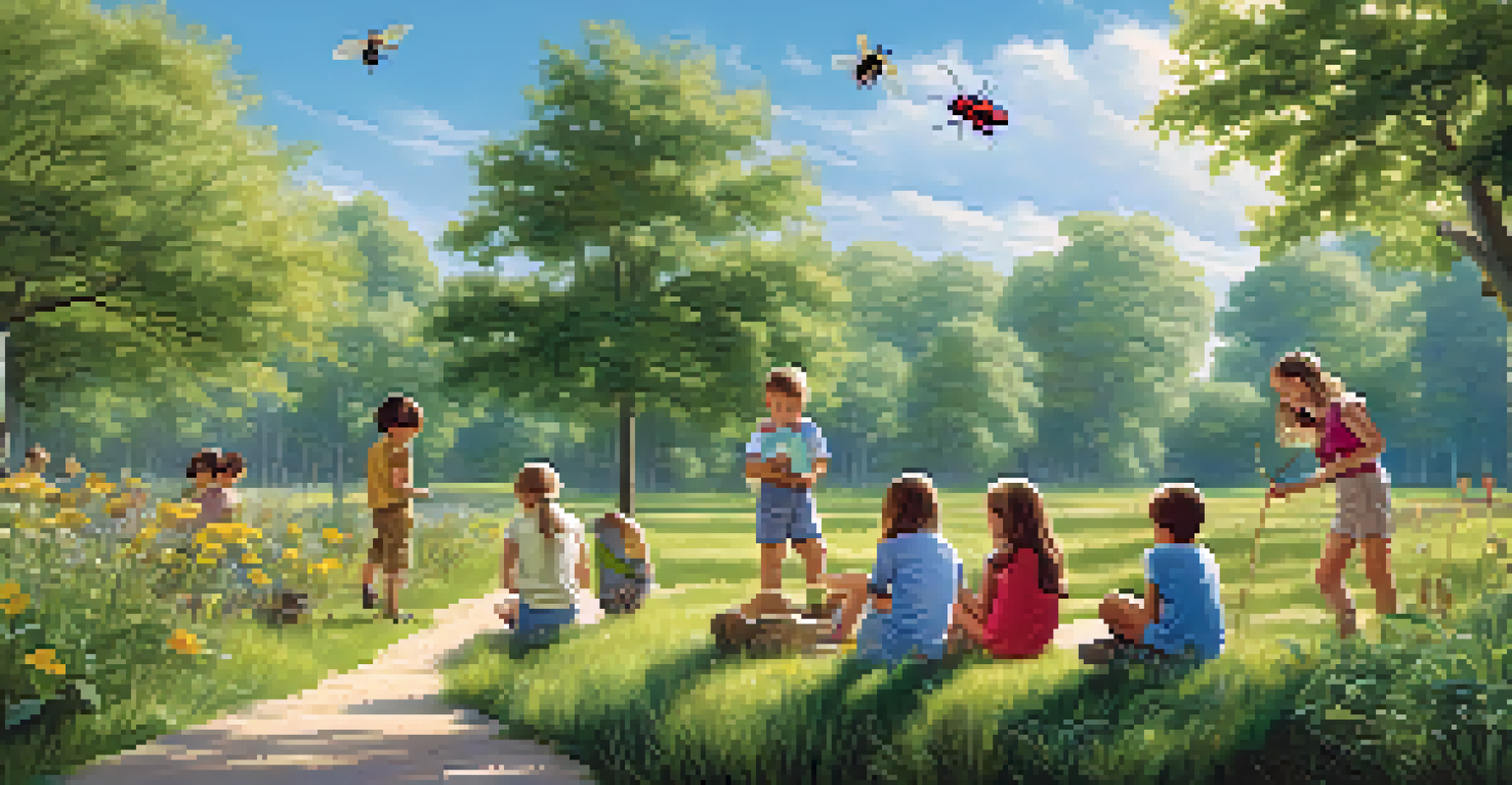 Children exploring nature outdoors, examining plants and insects with smiles, surrounded by trees and a clear sky.