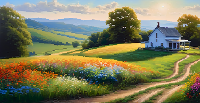 A picturesque rural scene in Tennessee featuring rolling hills, a farmhouse, and vibrant wildflowers under a clear blue sky.