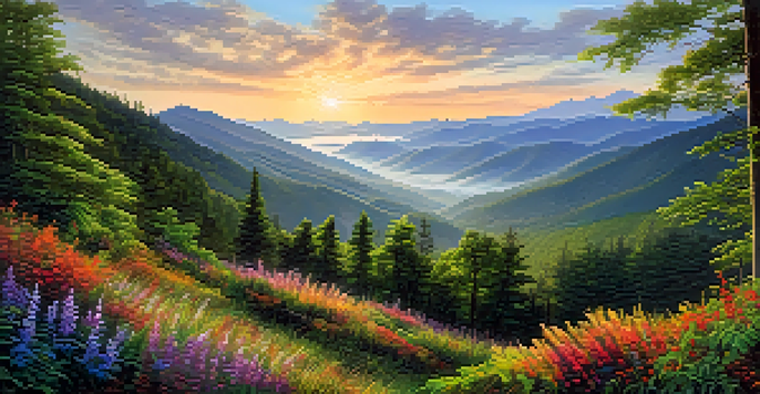 A picturesque scene of the Great Smoky Mountains during sunrise with mist and colorful wildflowers in the foreground.