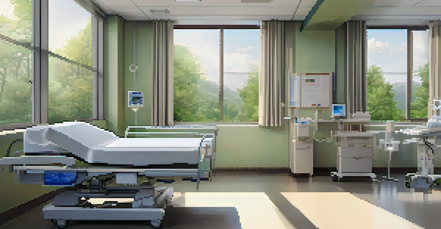 A modern hospital room with a bed, medical equipment, and a view of trees through the window.