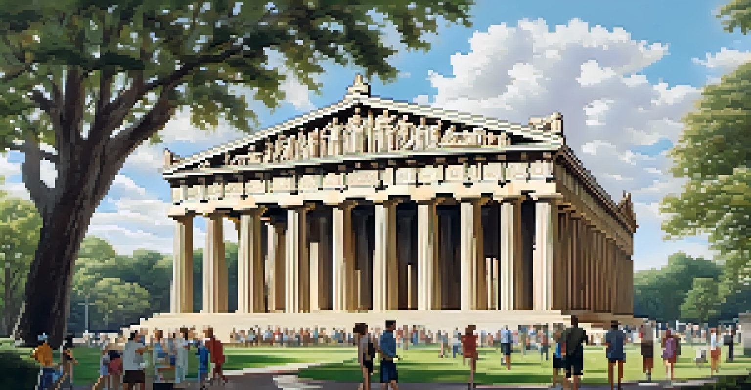 The Parthenon in Nashville with detailed columns and visitors on a sunny day.