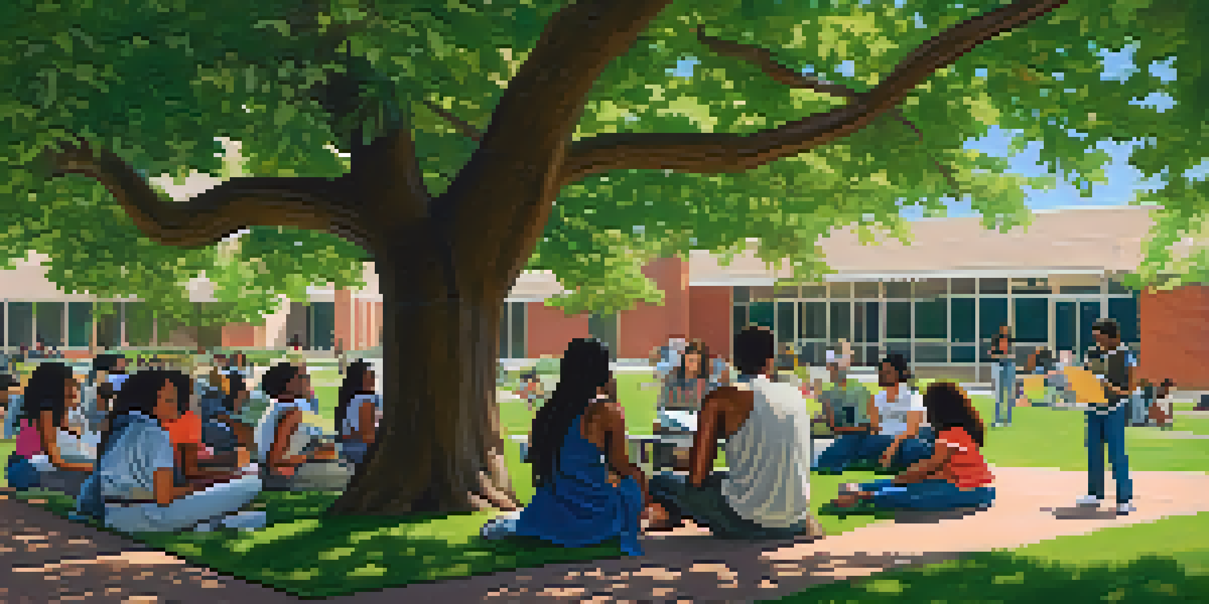 A diverse group of students on a community college campus in Tennessee, engaged in discussions and outdoor learning activities surrounded by greenery.