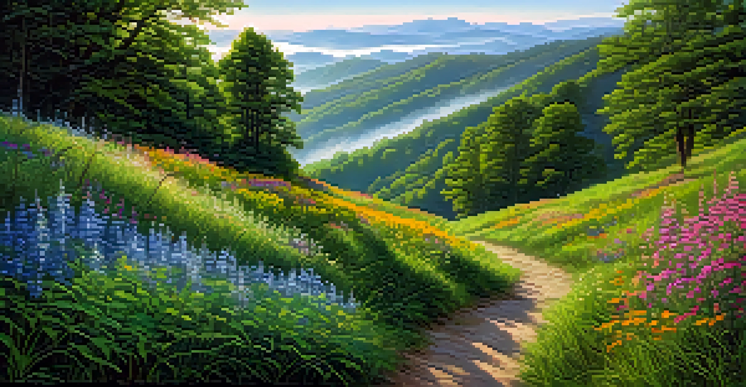 A picturesque view of the Great Smoky Mountains, showcasing green hills and colorful wildflowers under a clear sky with morning fog.