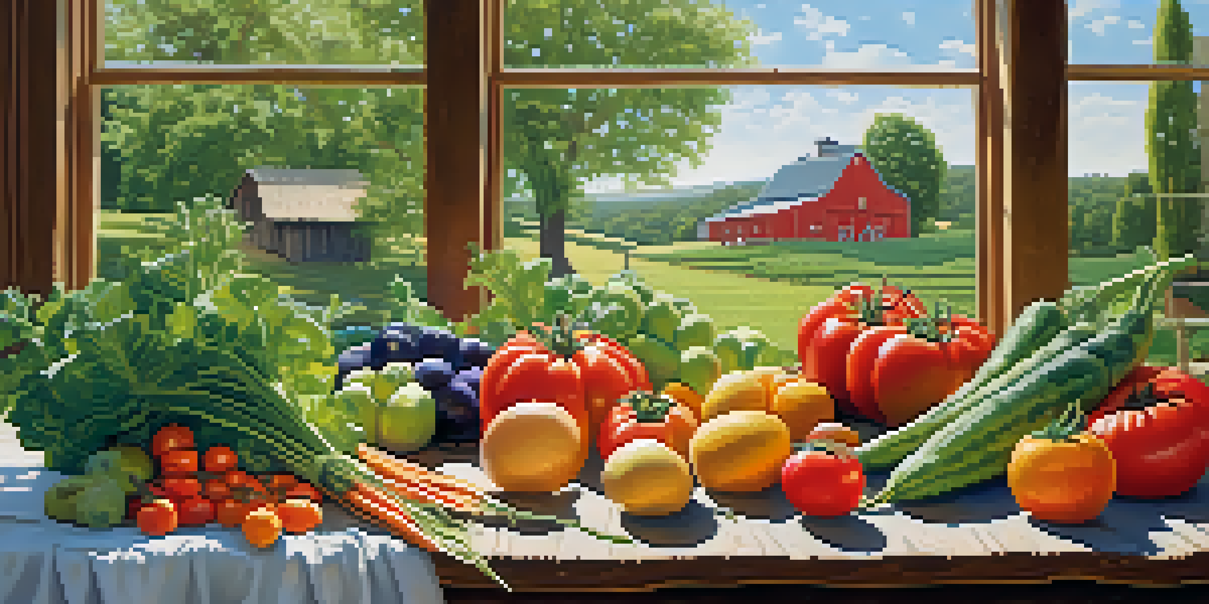 A rustic wooden table filled with colorful seasonal vegetables and artisan cheeses, set in a sunny farm landscape.