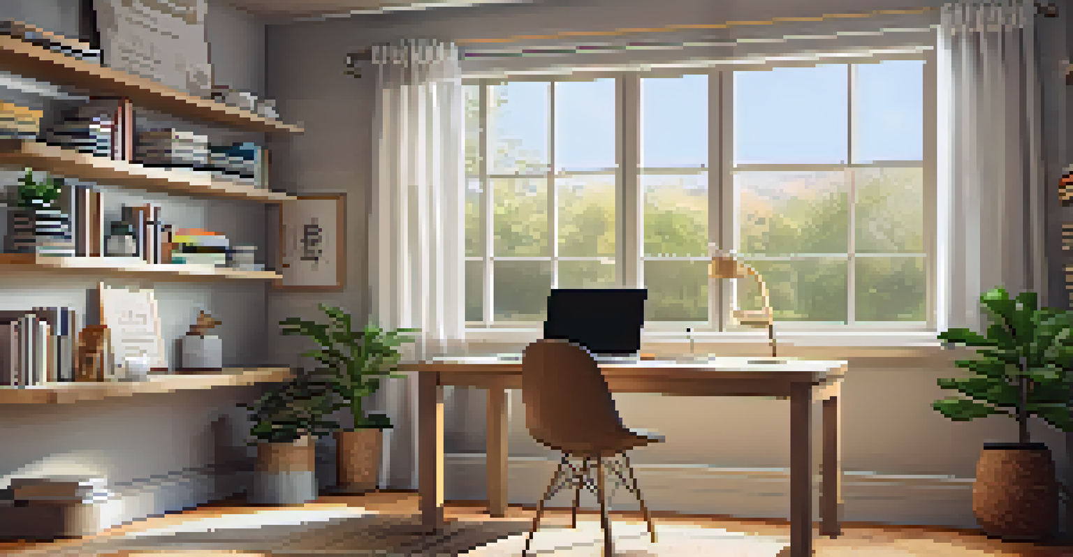 A cozy home office setup for online learning, featuring a laptop, books, and a cup of coffee in a well-lit space.