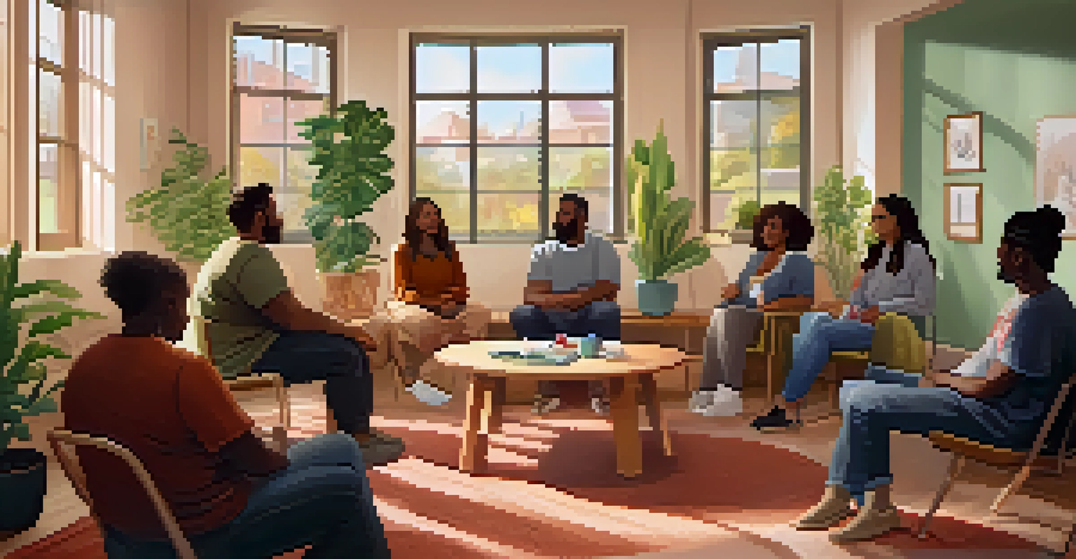 A mental health support group session with diverse participants in a cozy, well-lit room.