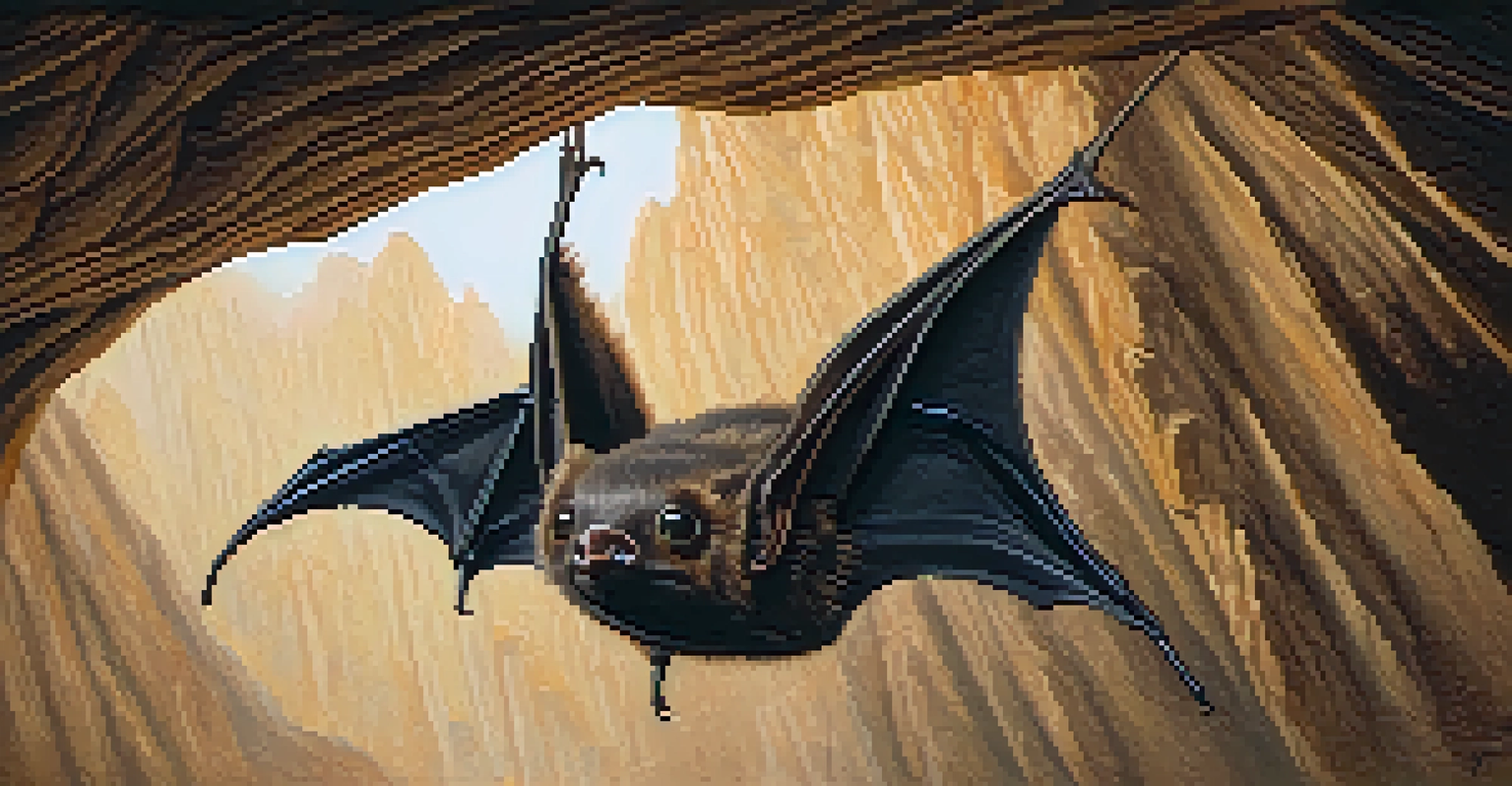 A close-up view of an Indiana bat in a cave, showing its features and the surrounding rock formations.